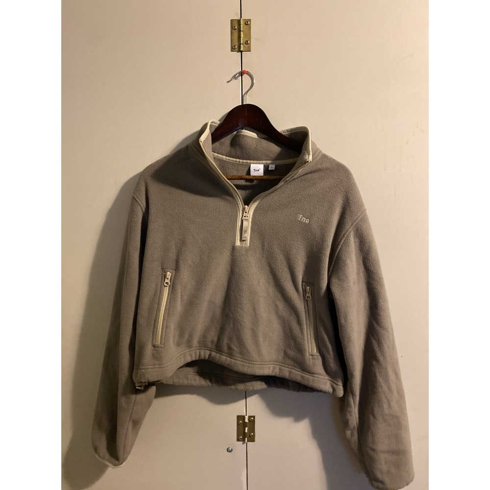 Aritzia Tna Sno Polar 1/2 Zip Fleece Crop Pullover Sweater Taupe Beige Large L